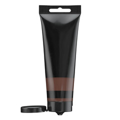 Black acrylic paint tube with colored stripe and open cap. Realistic mockup for art supplies, branding design, packaging presentation, and creative projects.