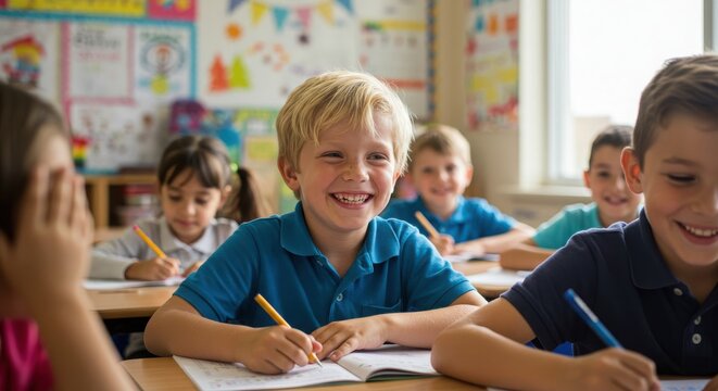 Diverse Elementary School Classroom Cheerful kids, children, and youth as students learning and studying an academic lesson together.