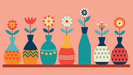 Seven Vases with Flowers in a Row Retro Style Illustration