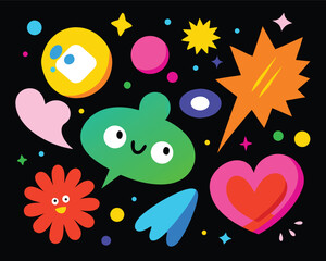 Colorful Abstract Shapes and Characters on a Black Background for Creative Designs