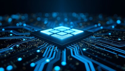 Blue Circuit Board with Central Processor on Dark Background in Futuristic Style