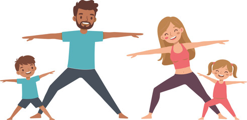 Family yoga at home, parents and kids, warrior pose, fitness, wellness, stretching, bonding, teamwork, healthy lifestyle, indoor activity, fun