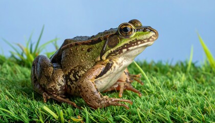 Obraz premium A close-up view of a frog resting on a patch of artificial grass against a soft light-blue backdrop.