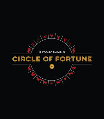 Circle of Fortune – Chinese Zodiac Wheel with 12 Animal Silhouettes in Red and Gold on Black Background