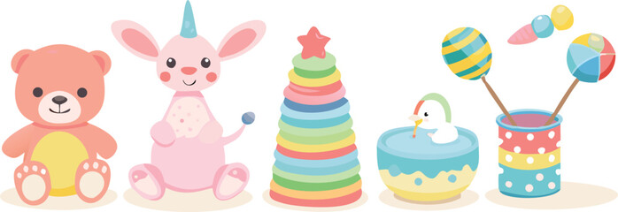 Colorful Easter eggs with a cute pink bunny toy on a white background for a spring holiday celebration
