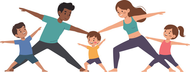 Family yoga session, warrior pose, kids and parents exercising, home fitness, bonding, wellness, active lifestyle, stretching, teamwork, healthy habits