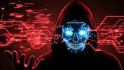 Dark Hacker Animation with Neon Skull Mask and Cyberpunk Holograms - Powered by Adobe