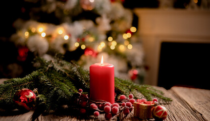  red Christmas Candle on rustic wood