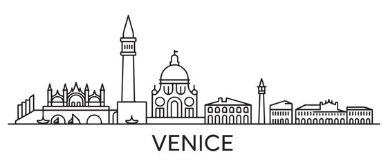 Naklejka premium Venice Line Art skyline horizontal banner. Black Venice City, Italy. Vector template for your design. with white background