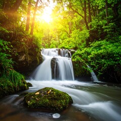 Lush waterfall in a sunlit forest