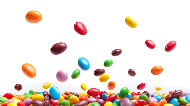 colorful candies falling isolated on white or trans