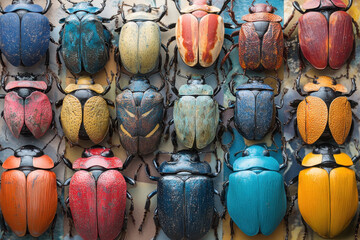 Wall full of beetles in various colors and sizes.