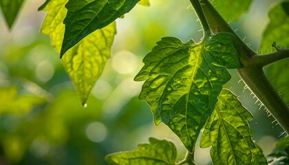 Close-up view of vibrant green tomato leaves bathed in sunlight, showcasing intricate details and a lush, healthy growth.