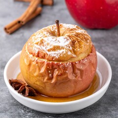 Baked Apple with Cinnamon and Sugar Served in Ceramic Dish for Premium Dessert Object and Warm Sweet Concept