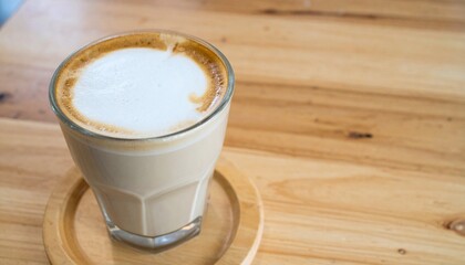 Classic Café Latte with Milk Served in Glass Cup on Wooden Table for Premium Coffee Drink Object and Barista Concept