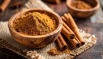 Cinnamon Sticks and Powder in Rustic Wooden Bowl for Premium Spice Object and Traditional Culinary Ingredient Concept