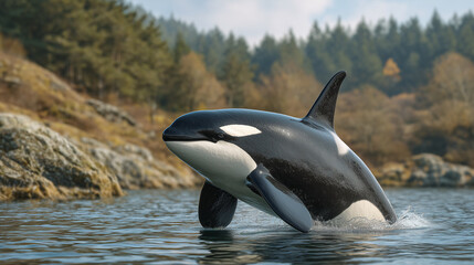 Fototapeta premium Orca whale jumping in ocean against forest background