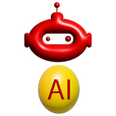 Cute red robot icon with AI symbol for tech innovation on transparent background