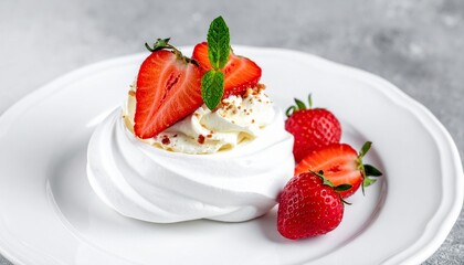 Classic Pavlova Dessert with Whipped Cream and Fresh Strawberries Served on White Plate for Premium Sweet Object and Gourmet Food Concept