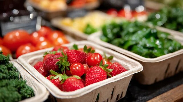 Vibrant market stall showcasing fresh produce in eco-friendly packaging, highlighting natural textures and rich colors.