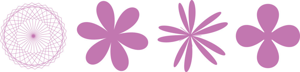Four abstract pink floral figures are featured on a pure white background