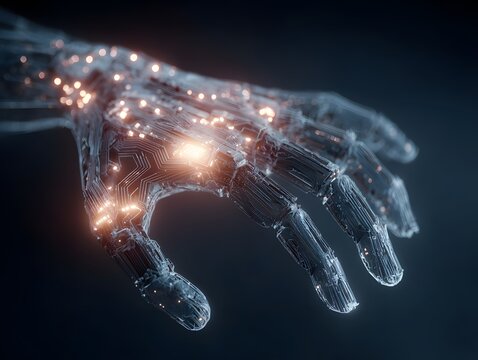 Abstract hand with glowing lights and futuristic technology design - Powered by Adobe