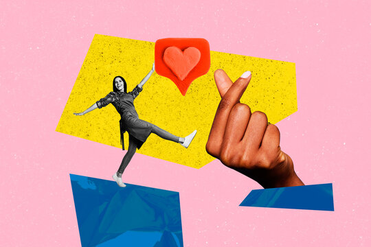 Poster trend sketch photo collage of hand show gesture korean heart young lady barista walk application media repost notification online - Powered by Adobe