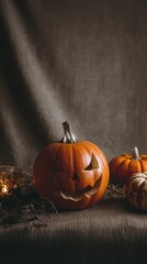 Halloween pumpkins decorate a cozy setting