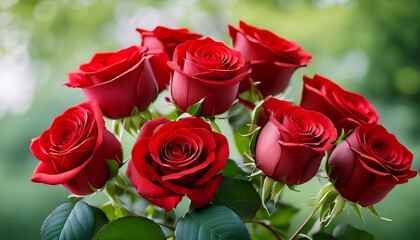 Naklejka premium Vibrant Bunch Of Red Roses Flourishing Against A Lush Green Background Symbolizing Love Beauty And Nature In A Stunning Floral Arrangement Display
