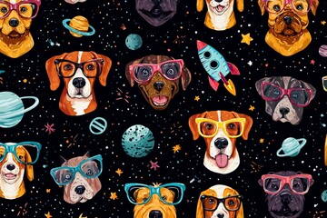 Spooky Halloween cartoon vector seamless pattern with cute cats, dogs, and monsters