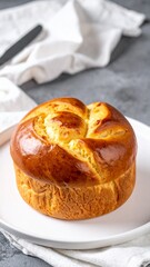 French Brioche Bread with Golden Crust and Soft Buttery Texture Served on White Plate for Premium Bakery Object and Gourmet Food Concept