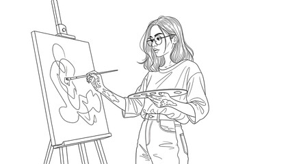 A young woman with glasses painting on a canvas on an easel, holding a palette and brush.