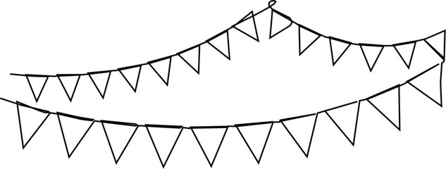 Single line celebrate hanging triangular garlands. perspective flags party isolated on white background. Birthday, anniversary, wedding, and festival fair concept. 