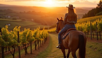 Lady on horseback ride through vineyard at sunset. Girl in hat riding horse in agriculture field. Woman enjoy rural nature journey. Beautiful warm scenery outdoor. Travel and vacation concept.