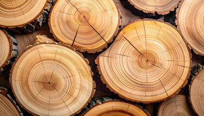 Wooden Circle Slices: Close-up of a collection of wooden circle slices, each showcasing natural wood grain textures and concentric circles, exuding rustic charm and natural warmth. 