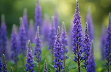 Obraz premium Field of blooming purple veronica flowers. Tall spiky inflorescences grow densely. Soft green background, gentle sunlight. Nature, flora, summer season.