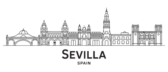 Obraz premium Sevilla Line Art skyline horizontal banner. Sevilla, Spain. Vector template for your design. with white background