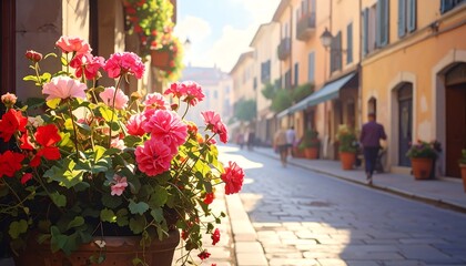 Fototapeta premium A charming, sun-drenched European street lined with colorful flowers and pastel buildings, evoking a warm and peaceful atmosphere.