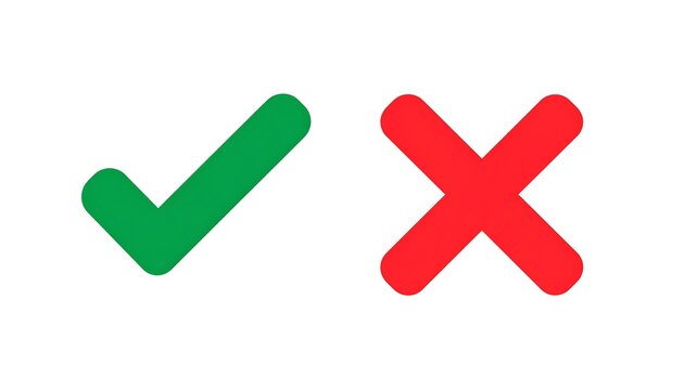 Two simple graphic symbols, a green checkmark and a red cross, are presented against a plain white background.