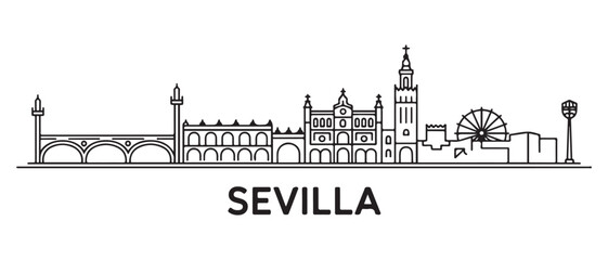 Obraz premium Sevilla Line Art skyline horizontal banner. Sevilla, Spain. Vector template for your design. with white background