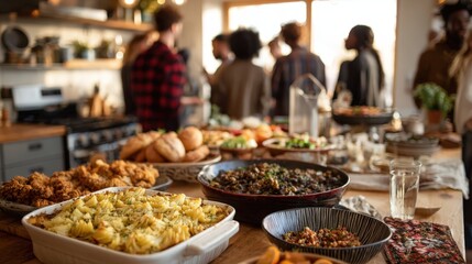 A Friendsgiving potluck, with a diverse array of homemade dishes on a kitchen island. Friends are mingling and chatting in the background. Community, food, social gathering. 