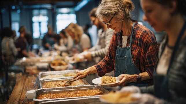 A group of volunteers serving Thanksgiving dinner at a community shelter. The scene emphasizes community spirit and giving back. Socially conscious, documentary style, impactful. 