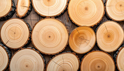Wooden Slices Texture : A captivating close-up view of various cut wooden slices showcases the beautiful texture, patterns, and warmth of natural wood.