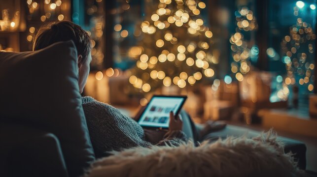 A person sitting comfortably on a sofa, shopping online for holiday gifts on a tablet during Cyber Monday. The room is decorated with early Christmas lights. Cozy, modern, e-commerce concept. 