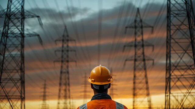 Electrical engineer in safety gear inspecting high-voltage power lines at sunset.
