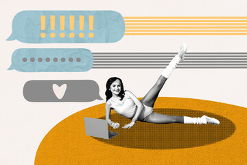 Banner full trend collage image of happy sportswoman do stretching online marathon blogging like feedback notification chat