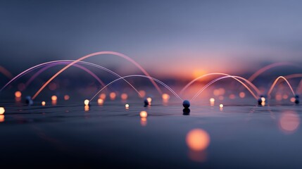 Abstract edge computing: tiny glowing nodes near devices, larger soft cloud at horizon, smooth signal arcs, enterprise-ready 