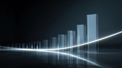 Fototapeta premium Abstract finance dashboard without text: bars as glass blocks, line as glowing thread, neutral studio background, premium corporate 