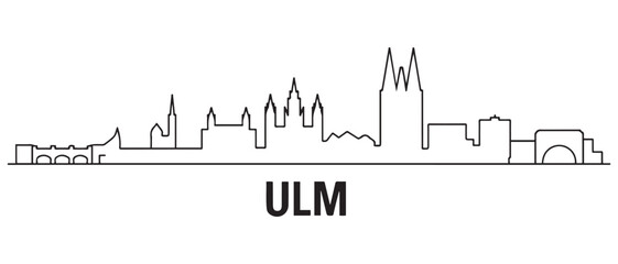 Obraz premium Ulm Line Art skyline horizontal banner. Black and white silhouette of Ulm, Germany. with white background