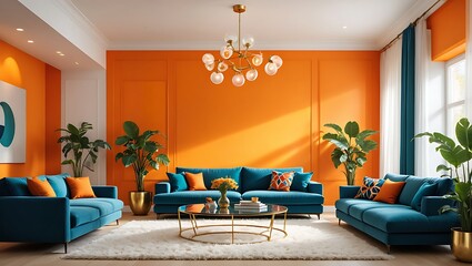Modern living room interior with orange walls and teal sofas creating harmony